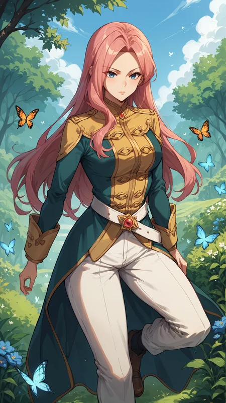 score_9,score_8_up,score_7_up,score_6_up, source_anime, zPDXL3, <lora:xl_more_art-full_v1:0.5>, woman, dynamic pose, slouching, <lora:Eclair Seaetoo - Pony:0.8>, long hair, pink hair, blue eyes, teal and gold military uniform, white pants, white belt, white pants, gold front, yellow military uniform, lush garden, flowers, butterflies, delicate beauty,