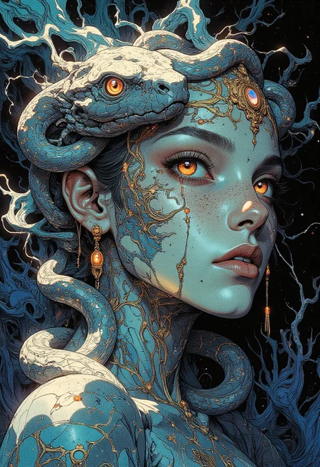 A dramatic digital artwork, styled after Mat Miller, showcases an ethereal woman adorned with a surreal, serpentine silver headdress. The intricate headdress, composed of reflective shards, cascades fluidly over her forehead and cheeks, forming a snake-like design that appears alive. Each shard shimmers with iridescent hues of teal, violet, and silver, adorned with ornate patterns. The snake’s head rests on her shoulder, its gemstone-like eyes glowing with mystical energy, surrounded by delicate engravings. Her pale skin is textured with faint celestial swirls and constellations, glowing subtly against her bold makeup—dark, feathered eyeshadow framing her intense gaze and crimson lips highlighted with golden accents. Wisps of her hair flow like tendrils of ink, merging seamlessly with the headdress's intricate designs. The background is a swirling void of deep indigo and black, interspersed with faint, glowing motifs of abstract flora and fauna that mirror the headdress’s detail. Subtle light streams create reflective patterns, enhancing the surreal, dreamlike atmosphere. This fusion of vibrant hues, intricate detail, and mystique embodies Mat Miller’s signature style with elegance and dramatic allure.
