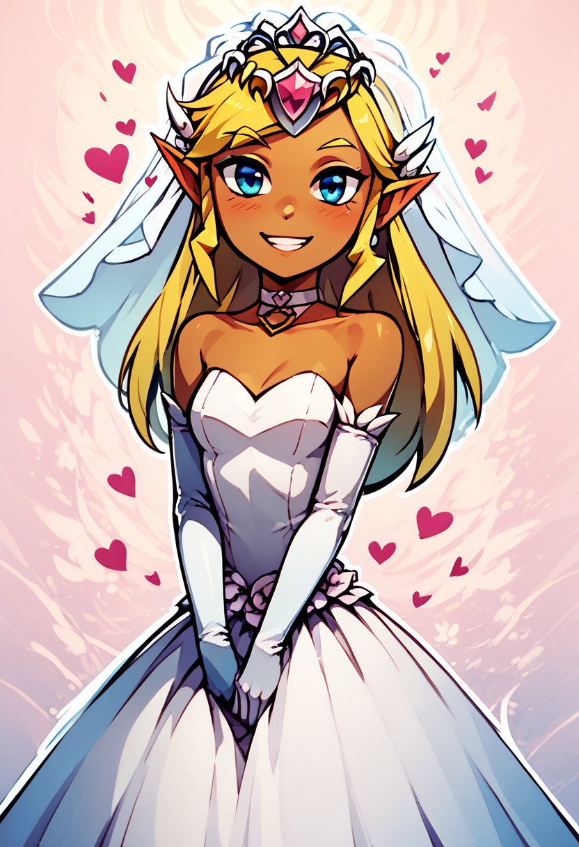 score_9, score_8_up, score_8, medium breasts, (curvy), cute, 
BREAK,
zzToonZelda, zzToonTetra, blush, smile, gloves, dress, jewelry, choker, elbow gloves, dark skin, grin, dark-skinned female, tiara, veil, wedding dress, bridal veil, bride, hearts,
zPDXL, Expressiveh, abstract background, white outline,
