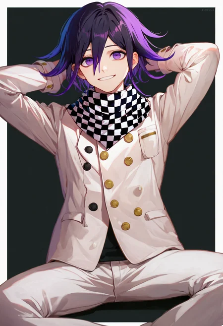 score_9_up score_8_up score_7_up, looking at viewer, smile, arms behind head, sitting
BREAK
score_9_up score_8_up score_7_up, oma kokichi default, 1boy, purple eyes, hair between eyes, bangs, black hair, medium hair, purple hair, checkered clothes, checkered scarf, scarf, buttons, jacket, pants, long sleeves, straitjacket, white pants, white jacket, grey jacket
<lora:danganranpa_v3_pony_d16:1>