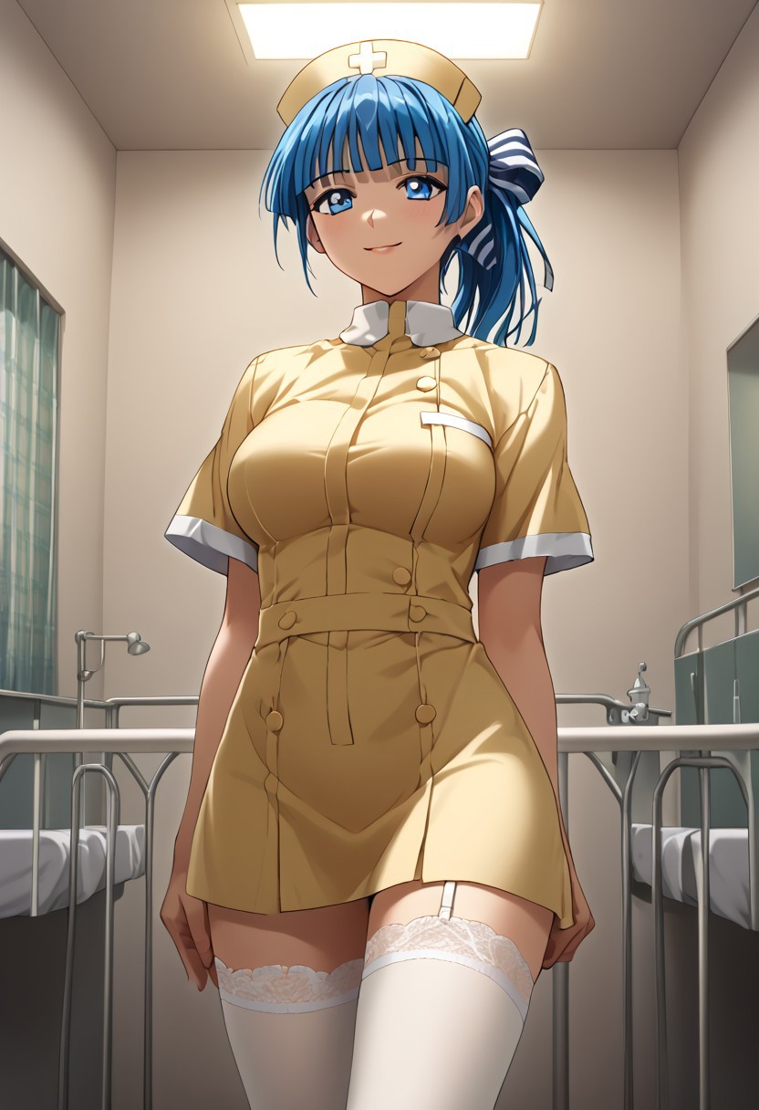score_9,score_8_up,score_7_up,source_anime,5_figner,2d_animation,game cg,BREKE,1girl,solo,
Yubiki Shitone,yellow nurse,yellow nursecap,blue hair,ponytail,blue hair,white thighhighs,white collar,hair ribbon,
large breasts,front view,upper body,smile,blush,
hospital,standing,
masterpiece,best qualit,ultra-detailed,illustration,an extremely delicate and beautiful,beautiful detailed eyes,unity 8k wallpaper,high resolution,anime CG,official_art,
