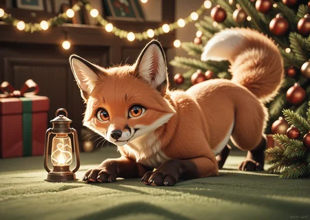 score_9, score_8_up, score_7_up, score_6_up, score_5_up, score_4_up, detailed, realistic, illustration, 8k, fox curled up beside a glowing lantern under a christmas tree (cute furry feral:1.2), source_furry <lora:Animal_Christmas:0.8> animal christmas