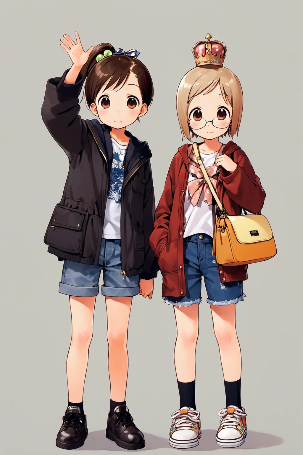 Chika Itou, Matsuri Sakuragi, multiple girls, 2girls, shoes, glasses, brown hair, shorts, bag, socks, short hair, crown, handbag, smile, jacket, brown eyes, white background, hair ornament, simple background, long sleeves, standing, hood, skirt, looking at viewer, hoodie, sneakers, bow, side ponytail, hair bobbles, waving, full body, shoulder bag, blonde hair, siblings, denim, shirt, open clothes, sisters, on head, frills,<lora:Ichigo Mashimaro_XL:0.8>,