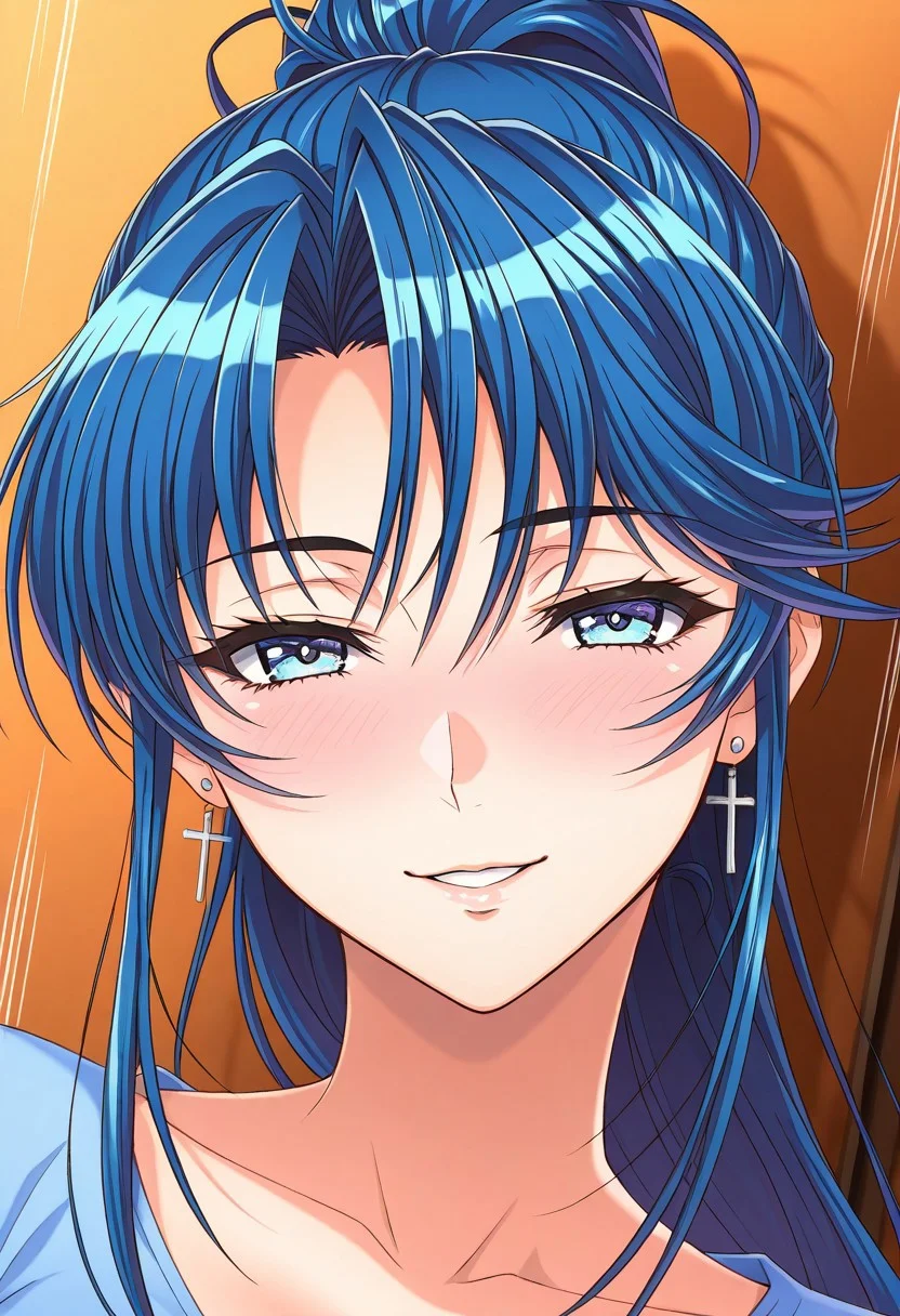 masterpiece, best quality, newest, highres, uncensored, 1girl, yokota mamoru style,1girl, slender face,motion lines,blush,torogao,looking at the viewer,seductive smile
Kouno Asami,Blue Hair, Curtained Hair, Long Hair, Ponytail, Spiky Bangs, Straight Hair,Blue Eyes,Medium Breasts, Slim, Cross Earrings
1girl,solo
,slim,solo, open eyes, earrings, jewelry, long hair, blush, close-up,, dutch angle, portrait,full dressed