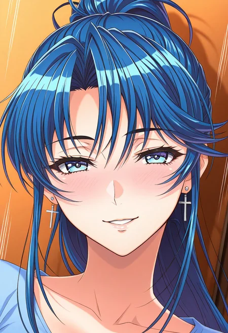 masterpiece, best quality, newest, highres, uncensored, 1girl, yokota mamoru style,1girl, slender face,motion lines,blush,torogao,looking at the viewer,seductive smile
Kouno Asami,Blue Hair, Curtained Hair, Long Hair, Ponytail, Spiky Bangs, Straight Hair,Blue Eyes,Medium Breasts, Slim, Cross Earrings
1girl,solo
,slim,solo, open eyes, earrings, jewelry, long hair, blush, close-up,, dutch angle, portrait,full dressed
