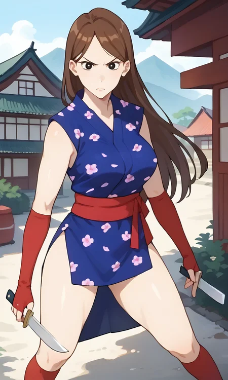 (1girl:1.5), (solo:1.3), (score_9, score_8_up, score_7_up, score_6_up, score_5_up, score_4_up), (source_anime), rating_questionable, looking at viewer, (cowboy shot:1.3), angry, fighting stance, legs apart,
<lora:agent-ogin_v1:0.9> (agent-ogin), (slightly chubby, black eyes, brown hair, long hair), (blue kimono, short dress, japanese clothes, side slit, sleeveless, red obi, red fingerless gloves, elbow gloves, red socks, tabi), (large breasts), holding knife,
outdoor, japanese town,