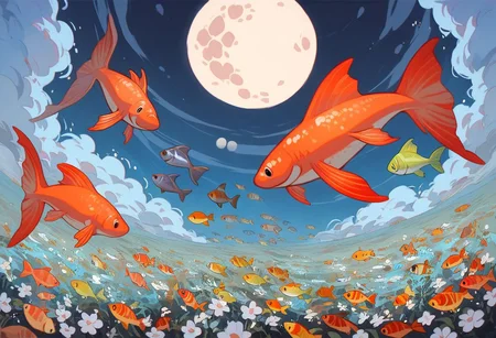score_9, score_8_up, score_7_up, score_6_up,
nature background, flowers, flower, clouds, fields, flower field, night time, dark county side, moon in the sky, huge moon, glowing moon, white glow, horizon view, flat horizon
flying fish, fish floating, fish swimming thriugh the sky, betta fish, multi colour fish, swarm of fish, 30 fish, huge swarm of fish,fish ,Aquatic life, swarm of fish around a big fish, large goldfish, goldfish, large fish, dragon fish, dragon gold fish