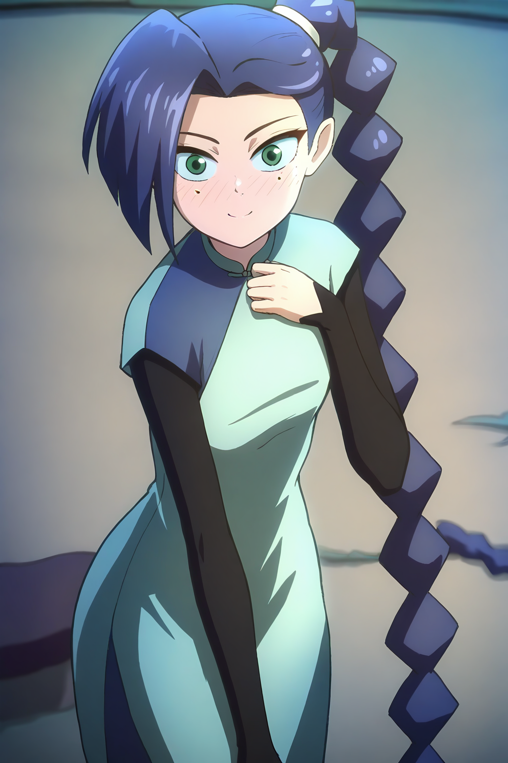 <lora:meihuashisan:1>,meihuashisan,1girl,solo,long hair,blue hair,mole,mole under eye,green eyes,
layered sleeves,short over long sleeves,braided ponytail,long sleeves,dress,blue dress,chinese clothes,braid,single braid,
smile,blush,light_blush,looking at viewer,, masterpiece,best quality,amazing quality,absurdres, anime screenshot, lazypos ,
