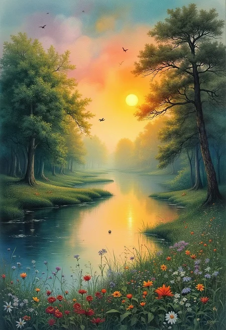 score_9, score_8_up, score_7_up, space_backround, trees, sun, river, morning, irisch landscape, bird, flowers, beautiful compositioncombining realism with a subtle artistic touch. watercolorpainting, imperialism,
vivid color, vivid background,