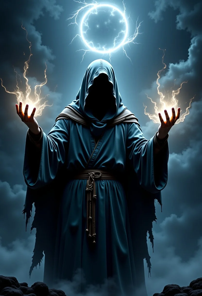This is a dramatic, CGI-generated image depicting a powerful, mystical scene steeped in void-like darkness. The central figure is an imposing, hooded entity, draped in a tattered cloak that billows eerily around them, as if alive with the essence of shadow itself. Their face remains obscured by the deep shadows of the hood, enhancing the enigmatic and ominous atmosphere. As they stand with arms raised and hands open, a swirling mass of void energy radiates from their fingertips, distorting the surrounding darkness and hinting at their immense control over the chaotic forces of the abyss that swirl around them, pulling in light and matter alike.