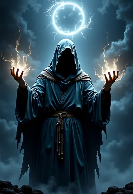 This is a dramatic, CGI-generated image depicting a powerful, mystical scene steeped in void-like darkness. The central figure is an imposing, hooded entity, draped in a tattered cloak that billows eerily around them, as if alive with the essence of shadow itself. Their face remains obscured by the deep shadows of the hood, enhancing the enigmatic and ominous atmosphere. As they stand with arms raised and hands open, a swirling mass of void energy radiates from their fingertips, distorting the surrounding darkness and hinting at their immense control over the chaotic forces of the abyss that swirl around them, pulling in light and matter alike.