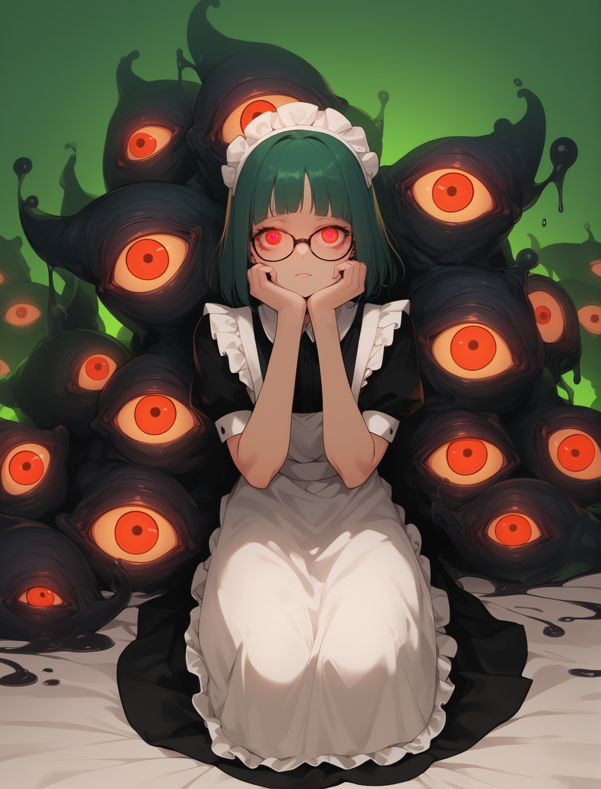 score_9, score_8_up, score_7_up, source_anime BREAK  (1girl),shizoeyes,glowing, red eyes, maid dress, liquid , ((extra eyes)),  glasses, nerd, sitting, tired, cel shading, green theme, neon, astract, <lora:eyes:0.95>