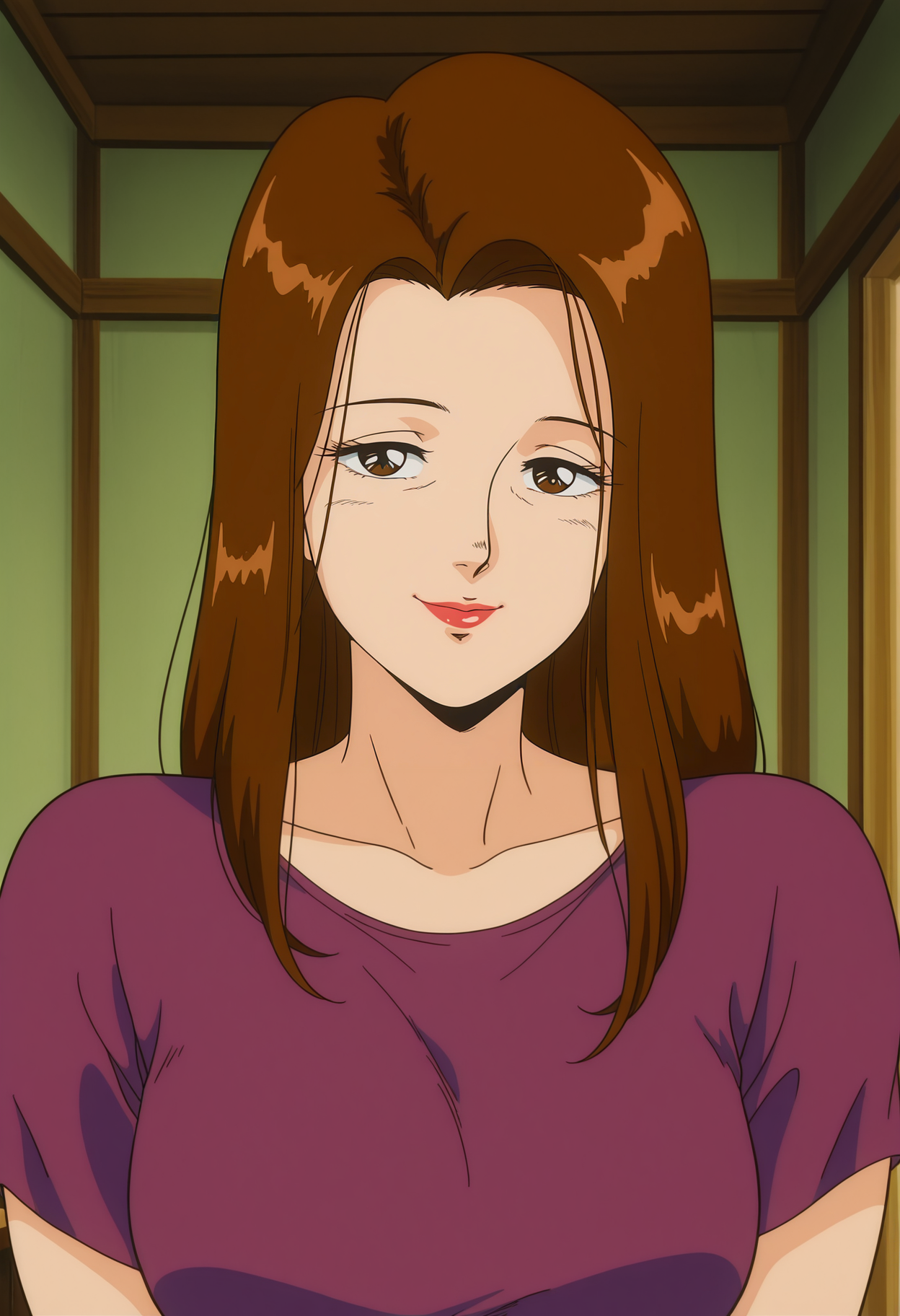 1girl,solo,mm,mature female,long hair,brown hair,brown eyes,lipstick,retro artstyle,anime coloring,
purple shirt,upper body, looking at viewer, smile,indoors
,masterpiece,best quality,amazing quality,<lora:Tomoko-Dokushin_Apaato_Dokudami-sou:0.8>