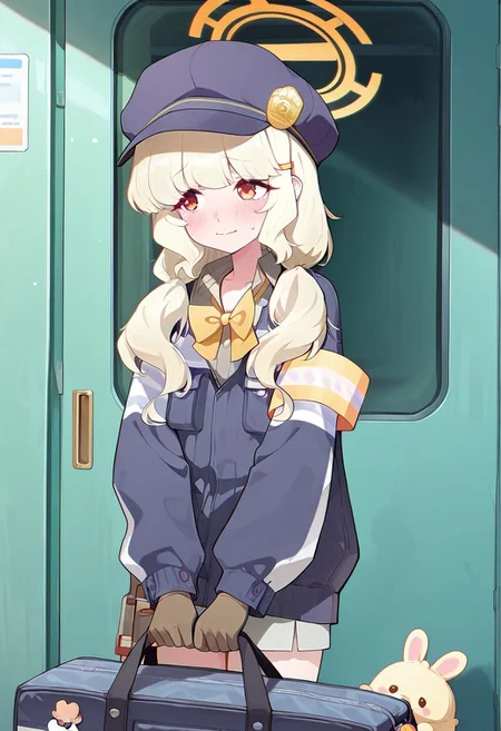 AobaBA, 1girl, solo, (absurdres, best quality, masterpiece:1.4), amazing quality, highres, newest, detailed, detailed body, detailed face, source anime, standing, nervous smile, facing forward, looking away,
BREAK
orange eyes, light blonde hair, yellow bowtie, low twintails, fluffy hair, sidelocks, yellow white armband, cabbie hat, golden emblem, orange halo, grey inner shirt, grey skirt, orange hairclip, brown gloves, striped jacket, pocket, holding duffel bag, animal plushie