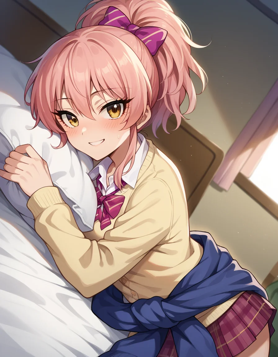 score_9, score_8_up, score_7_up, source_anime,
mikajougasaki, <lora:mika-jougasaki-ponyxl-lora-nochekaiser:1>
mika jougasaki, hair bow, long hair, pink hair, yellow eyes, ponytail, smile,
bow, clothes around waist, plaid, plaid skirt, school uniform, skirt, sweater, sweater around waist,
indoors, bed, bed room, on side, blush, drunk,
looking at viewer, dutch angle, cowboy shot,