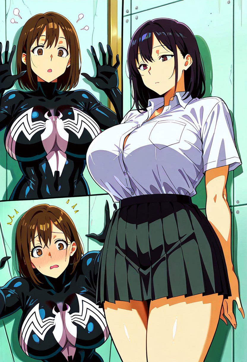 general,highres, ultra-detailed,very aesthetic,best quality ,best hands,best eyes,easynegative,
anime cloring,
1girl solo
Kasumi Haruno,black_hair, short_hair, brown_eyes, huge_breasts,school uniform,venom skirts,venom shirt, largest breast ,black clothes,venom shirt,lean on wall,,normal shirt,hands are down ,hands on wall,looking at something ,woman looking on the other views,panic,
 transformation from normal clothes to be venom suit,
Venom transformation into the venom suit