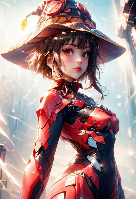 score_9, score_8_up, score_7_up, ((masterpiece)), ((best quality)), 8k, high detailed, ultra-detailed, (((anime))),toon, 1girl, perfect eyes,cinematic ,skin multicolor, lights,
BREAK,
ultra-detailed, (((Megumin))), witch futuristic hat, 1girl, (((mecha suit red color))), mecha musume, headgear, armor,((Mecha red armor)), menpo, upper body, underboob, portrait, black red armor, colorful, (medium wide shot), (dynamic perspective), sharp focus, (depth of field, bokeh:1.3), extremely detailed eyes and face, beautiful detailed eyes, black gold, trimmed gear, in a futuristic weapons factory, niji, from side, upper body, hips