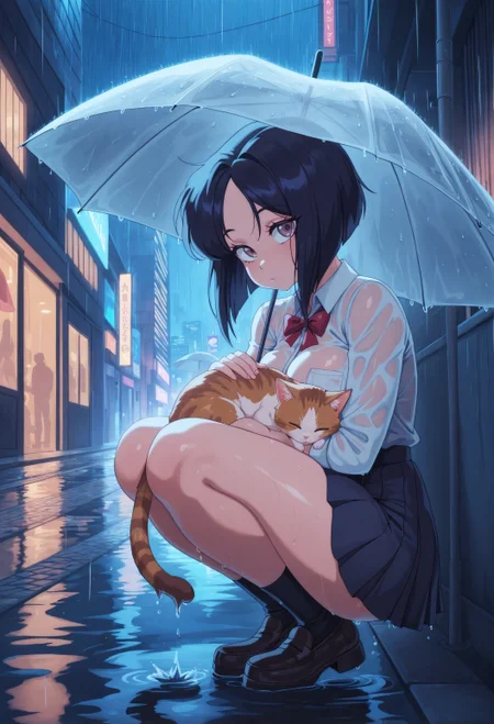 masterpiece, best quality, amazing quality, very aesthetic, absurdres, newest, calm colors,, 1girl, crouching, solo, soaking wet Cat, (on lap:1.2), petting, dark hair, inverted bob, straight hair, outdoors, parted bangs, pleated skirt, looking at viewer, , holding umbrella above cat, (cuddling:1.1), city, night, street, wide shot, shiny skin, heavy rain <lora:ill\Bluethebone Style.safetensors:0.8> Bl3th3bn3_Styl3_SKNSFW,
