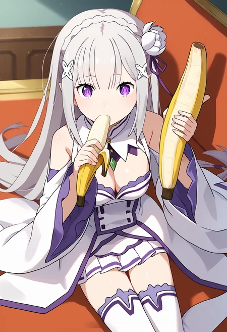 score_9, score_8_up, score_7_up, source_anime,
BREAK
1girl, solo,
<lora:shiEmiliaV2:1> shimilia, long hair, grey hair, purple eyes, pointy ears, crown braid, hair flower, hair ribbon, purple ribbon, x hair ornament, white dress, cleavage, bare shoulders, wide sleeves, white thighhighs, thigh boots,
<lora:shiBananaV1:1>, shibanana, banana,