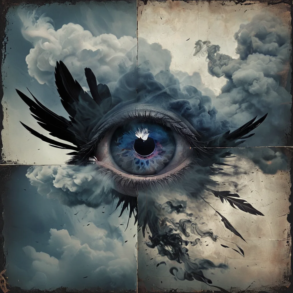<lora:artfully4QUAD_SDXL_V1:1>, art4quad, raven, eye, smoke, cloud