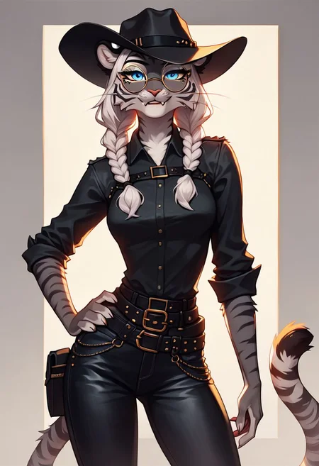 score_9, score_8_up, score_8, Gray tiger, female, small breasts, two braids in front of shoulder ,open long hair on back, white hair, fang, whiskers, Gray Fur, black stripes ((body fur)) , tiger tail, blue eyes, furry, wearing black button up shirt, shirt in pants, Leather harness, black jeans, digital painting, solo, portrait,  flat color, soft lighting, wearing round glasses, large black Nevada style cowboy hat, western town background, Rolled up sleeves, sexy pose, cowboy shot, neutral Contempt look on face, hand on hip, Leather belt, large Pouch on hip attached to leather belt, 4 finger