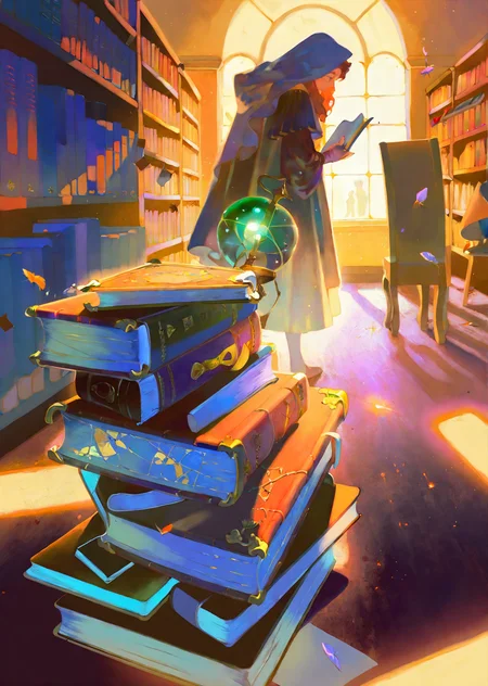 by reiko, by oda non
by rella, by yogisya impasto
1girl explores a dimly lit attic filled with old books, casting eerie shadows on the walls. close up
magic library
colorful
gradient
glowing particles
warm lights,