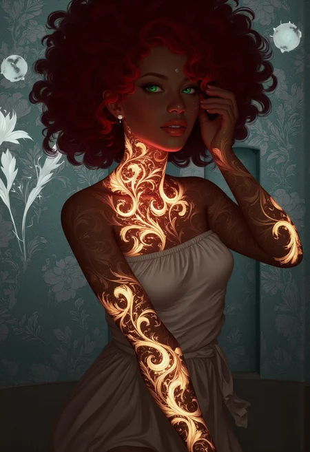 a African American women with biomechanical joints and red and gold bioluminescent Neo Traditional tattoos made of bio ink, red afro, green eyes, women wearing white bathrobe, distressed wall with holes and missing plaster, bioluminescent flowered wallpaper, dynamic lighting, dynamic shot, extreme close-up shot