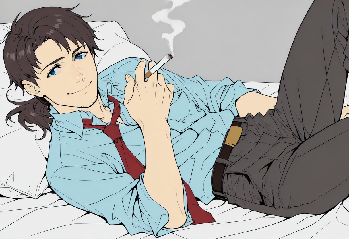 masterpiece, best quality, male focus, flat color, kaji,<lora:Degen_Ryoji_Kaji_v1-000009:.8> ponytail, blue shirt, red necktie, pants, holding cigarette, brown hair, belt, blue eyes, stubble, smiling, lying down, unbuttoned shirt