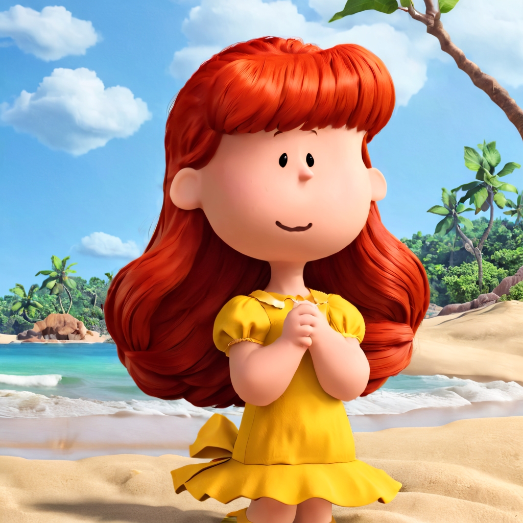 pampeanut a girl with red long hair, yellow dress, upper body, beach,3d
