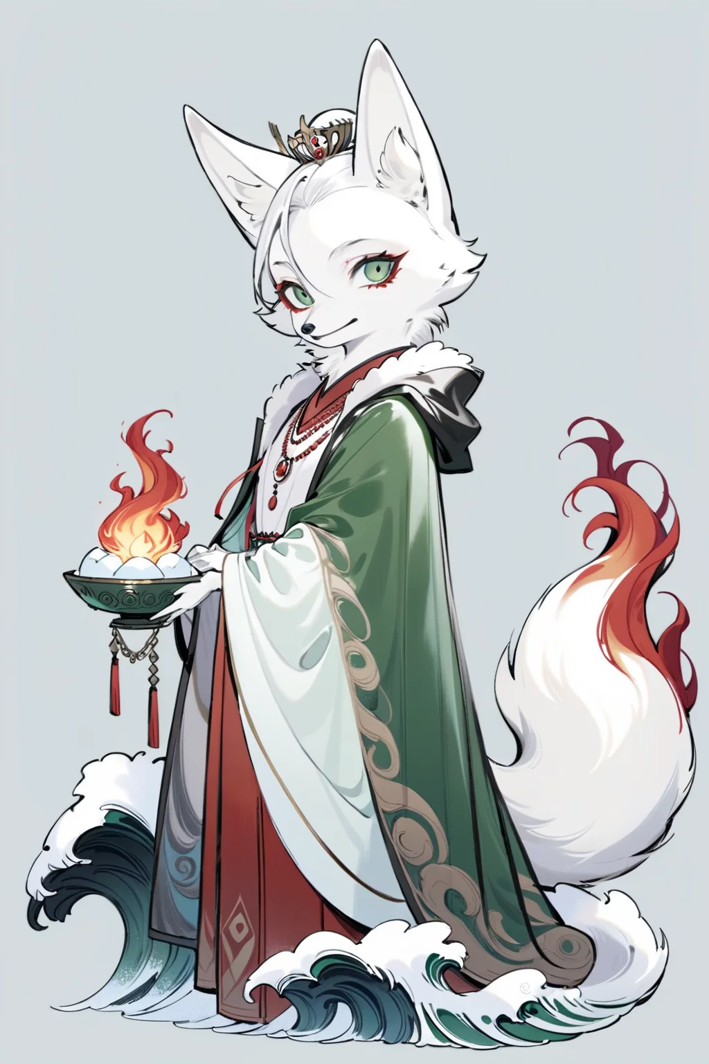 (((masterpiece))),(((best quality))),((ultra-detailed)), ani,no hunmans,furry,
A white fox, draped in a verdant green silk cloak and adorned with a deep red agate necklace, gracefully floats above the emerald waves, its eyes shimmering with eerie wisdom. Its snow-white fur is adorned with red roses, as if ablaze with mysterious jade-like flames.
white background, full body,Role concept design, <lora:InkAni-000016:0.6>