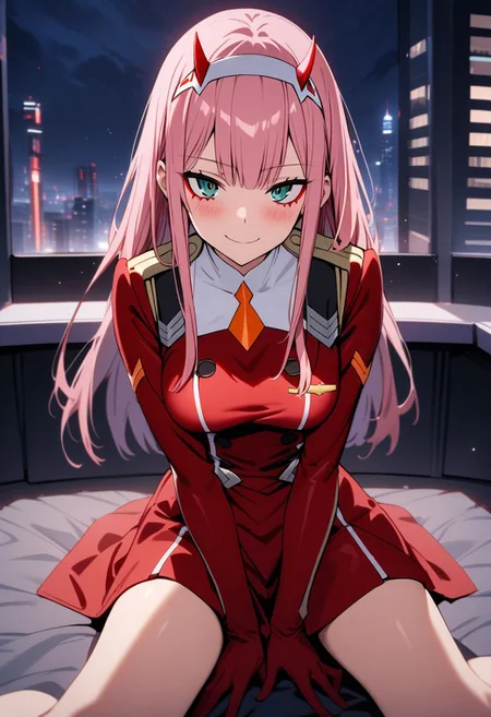 (masterpiece), (best quality), (ultra-detailed),
zero two, darling in the franxx,1girl,solo,long hair,pink hair,red horns, red battledress,hairband,medium breasts,outdoors, night city, cowboy shot ,cloudy sky,эdark red gloves, light particle, particle, dark light, night, shadow , smile, blush, sitting, legs apart, knees apart, hands support, hands between legs, looking at viewer , leaned forward,