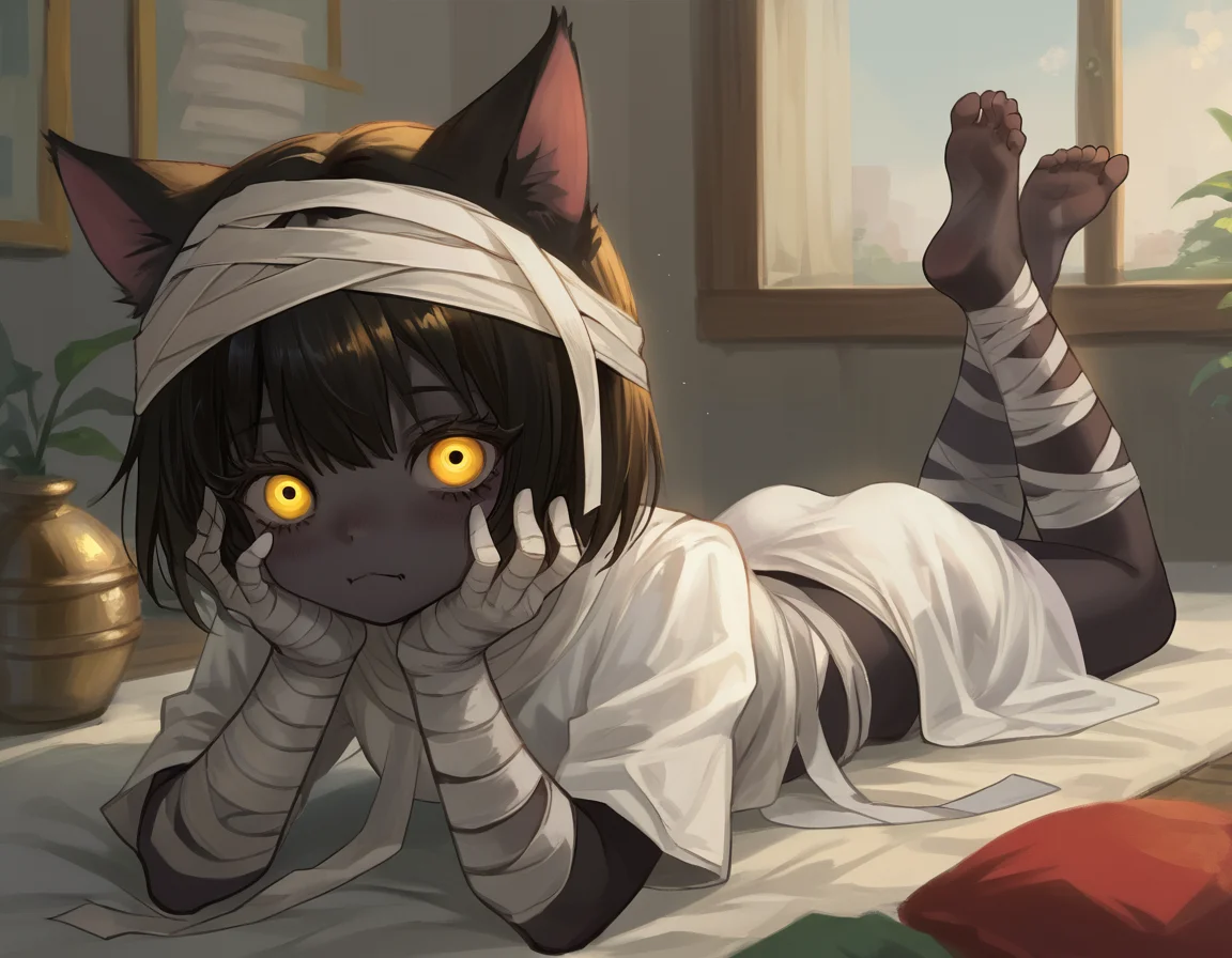 score_9, score_8, score_7_up, 1girl, mummy, solo, cloth, neco, meow, laying on stomach, feet, yellow eyes, black skin, hands on face, <lora:eveyuno:0.8>