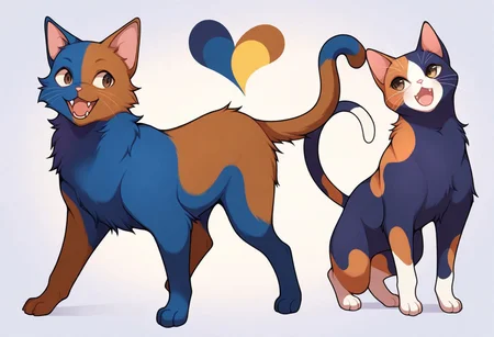 masterpiece, best quality, amazing quality, detailed, illumination, high detail, high-quality, detailed lighting, very aesthetic, absurdres, warm lighting, high detail, soft shading,
s3v1yummy,
feral, male, digitigrade, on hind legs,
1boy, (domestic cat, feline, ((feral)), (quadruped), felis, calico cat, feline snout, crispy snout fur, feline anatomy, tricolor, (brown fur), (dark blue fur), (light hazel fur), (color divided fur), (fur segmented), (face fur segmented:1.2), segmented ears fur), eyes light hazel, (chest light hazel), (light hazel paws), pawpads pink, irregular rings tail, brown eyes, fuzzy fur, ((animal fur not hair)), (((small))), ((fangs:1.3)), 4 feet toes),
character sheet, reference sheet,
simple background, (sketch)