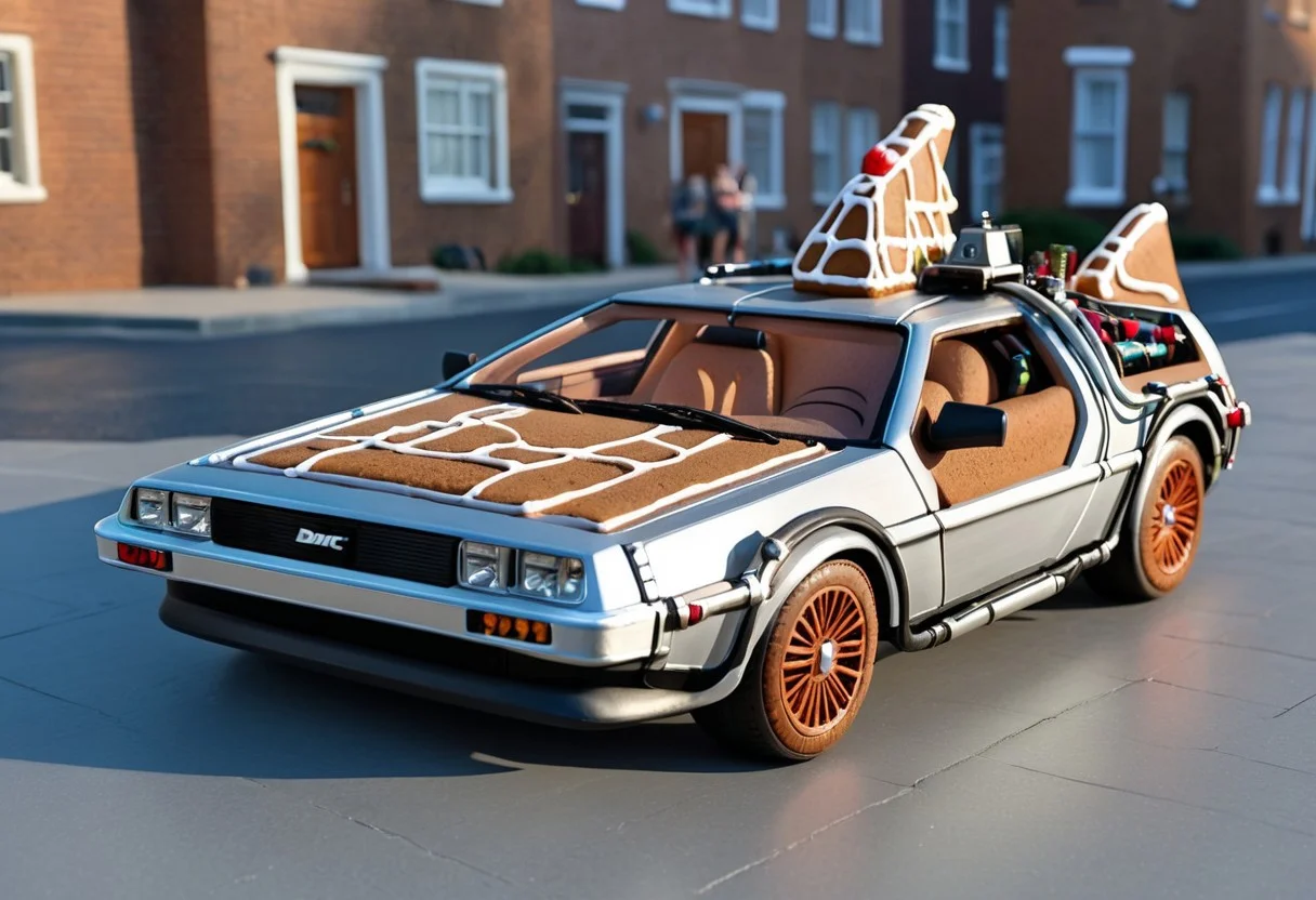back to the future car.dmc-12<lora:GingerbreadStyle_epoch_10:0.7>