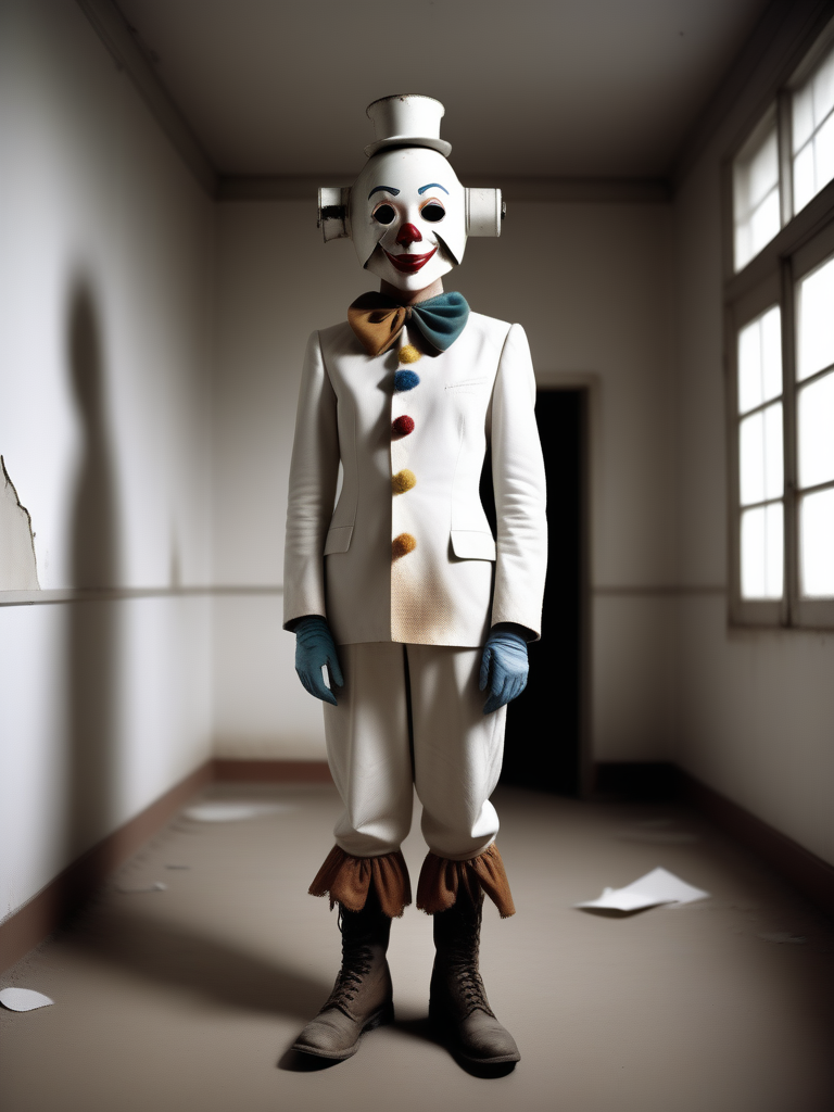 barnum-melancholy, photo cinematic of surprised robot mask  , which is a person who studies entropy; a scientist kind of, eerie, realistic, desolate dusty stage full of dirty papers
 white theme , huge clown boots, white walls background, grit, (rust:0.65), cracks, cracked surface, subtle messy, dust, weary, edges rusty dusty, surface scratches, peeled sun bleeched paint, smudges, crumbles, rugged, used