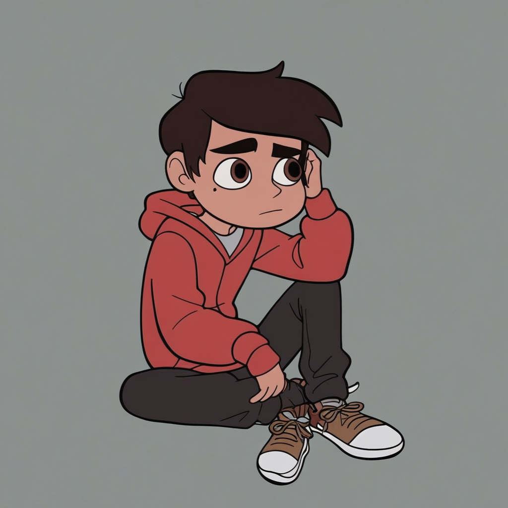 score_9, score_8_up, score_7_up, Marco Diaz, 1boy, male focus, solo, hoodie, hood, pants, sitting, shoes,