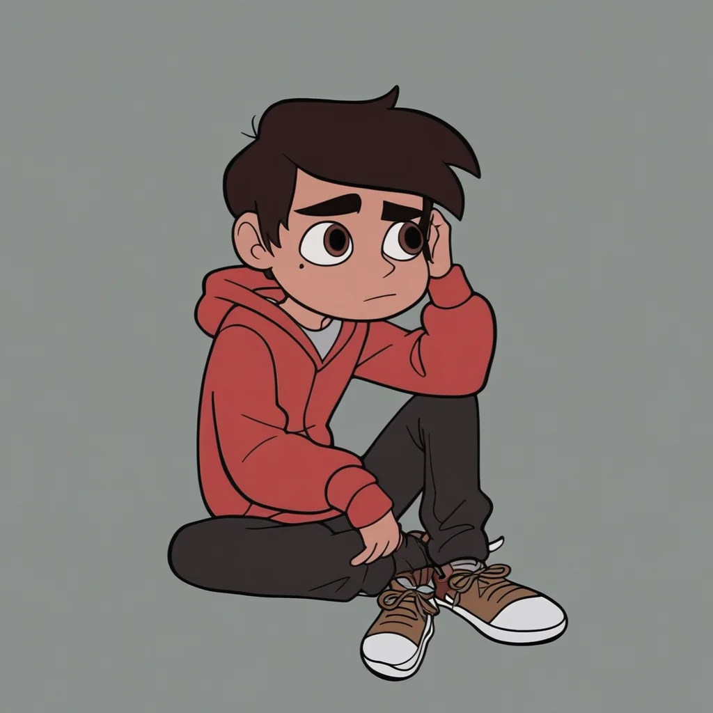 score_9, score_8_up, score_7_up, Marco Diaz, 1boy, male focus, solo, hoodie, hood, pants, sitting, shoes,