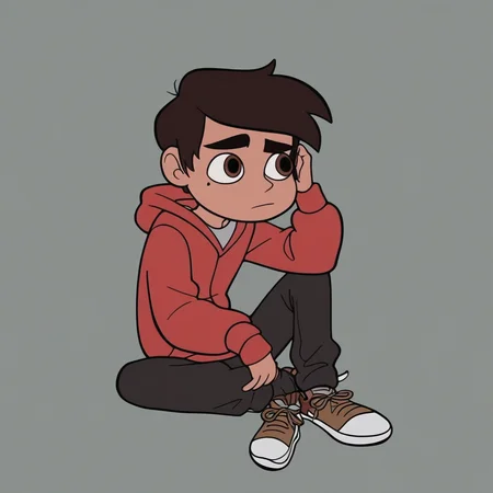 score_9, score_8_up, score_7_up, Marco Diaz, 1boy, male focus, solo, hoodie, hood, pants, sitting, shoes,