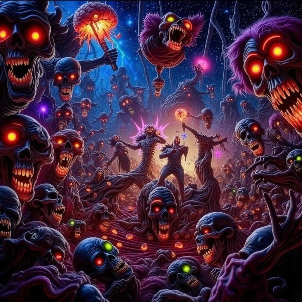 psychedelic style concept art horror-themed Dark Fantasy Art, <lora:Undead Apocalypse v1:1> und34dpsy, a psychedelic traveling circus run entirely by colorful zombies: the juggler tosses flaming brains, the contortionist has detachable limbs, and the fortune teller pulls dreams out of skulls. Everything glows â cotton candy is made of nebula mist, and rides twist into impossible geometries. Shot from a fisheye perspective, with colors vibrating like a lava lamp. The undead laugh hysterically⦠even their decapitated heads., dark, moody, dark fantasy style . eerie, unsettling, dark, spooky, suspenseful, grim, highly detailed . digital artwork, illustrative, painterly, matte painting, highly detailed . vibrant colors, swirling patterns, abstract forms, surreal, trippy