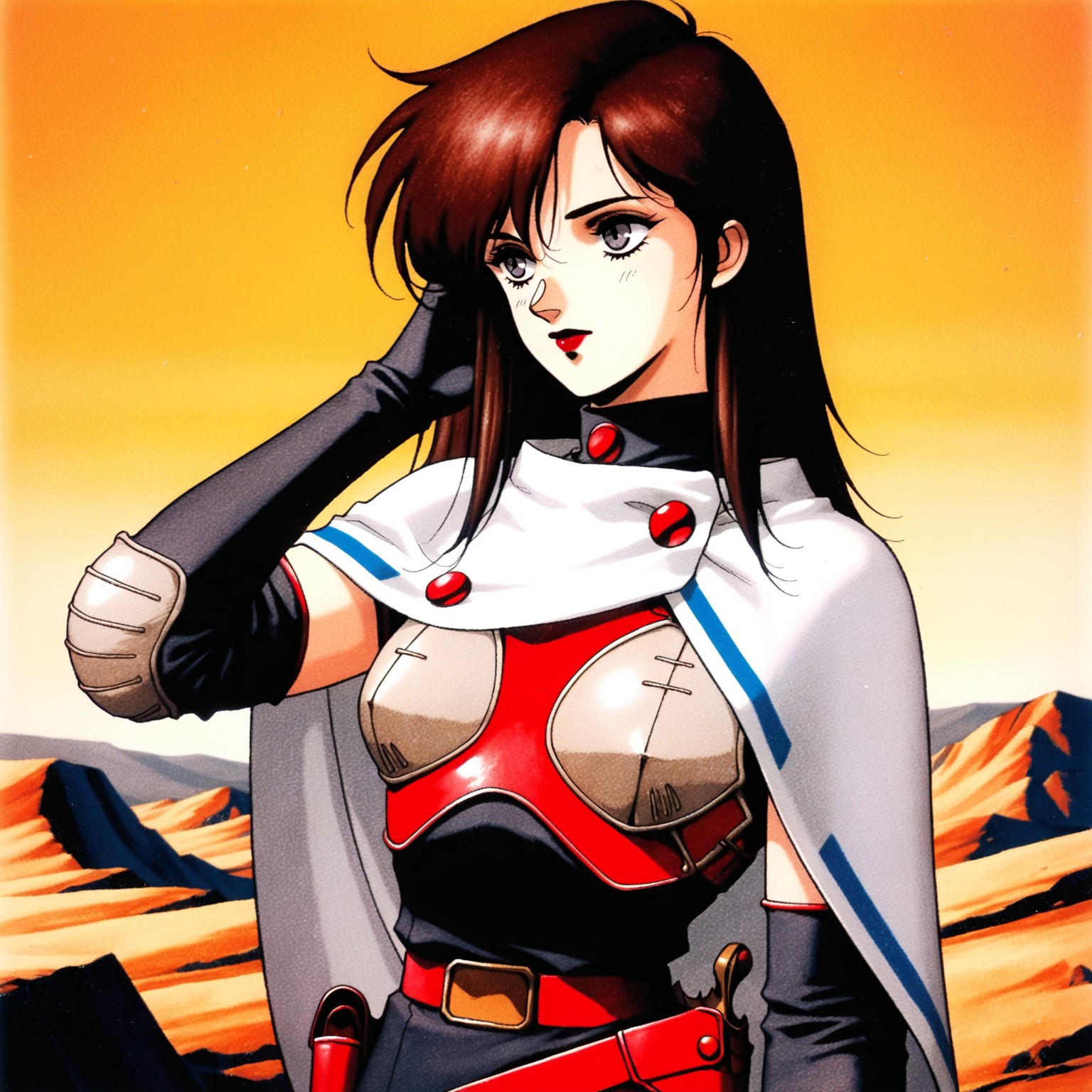 masterpiece, best quality, amazing quality,  retro artstyle, 1990s \(style\), traditional media, SMTHEROI, 1girl, medium hair, long hair, straight hair, brown hair, grey eyes, red lipstick, red neck armor, (white short cape, blue tape trim, buttons), (red breastplate, ((grey breast pads))), black camisole dress, short black sleeves, elbow gloves, grey elbow pads, red belt, holster, upper body, hand in hair, wasteland backdrop, yellow sky, pensive