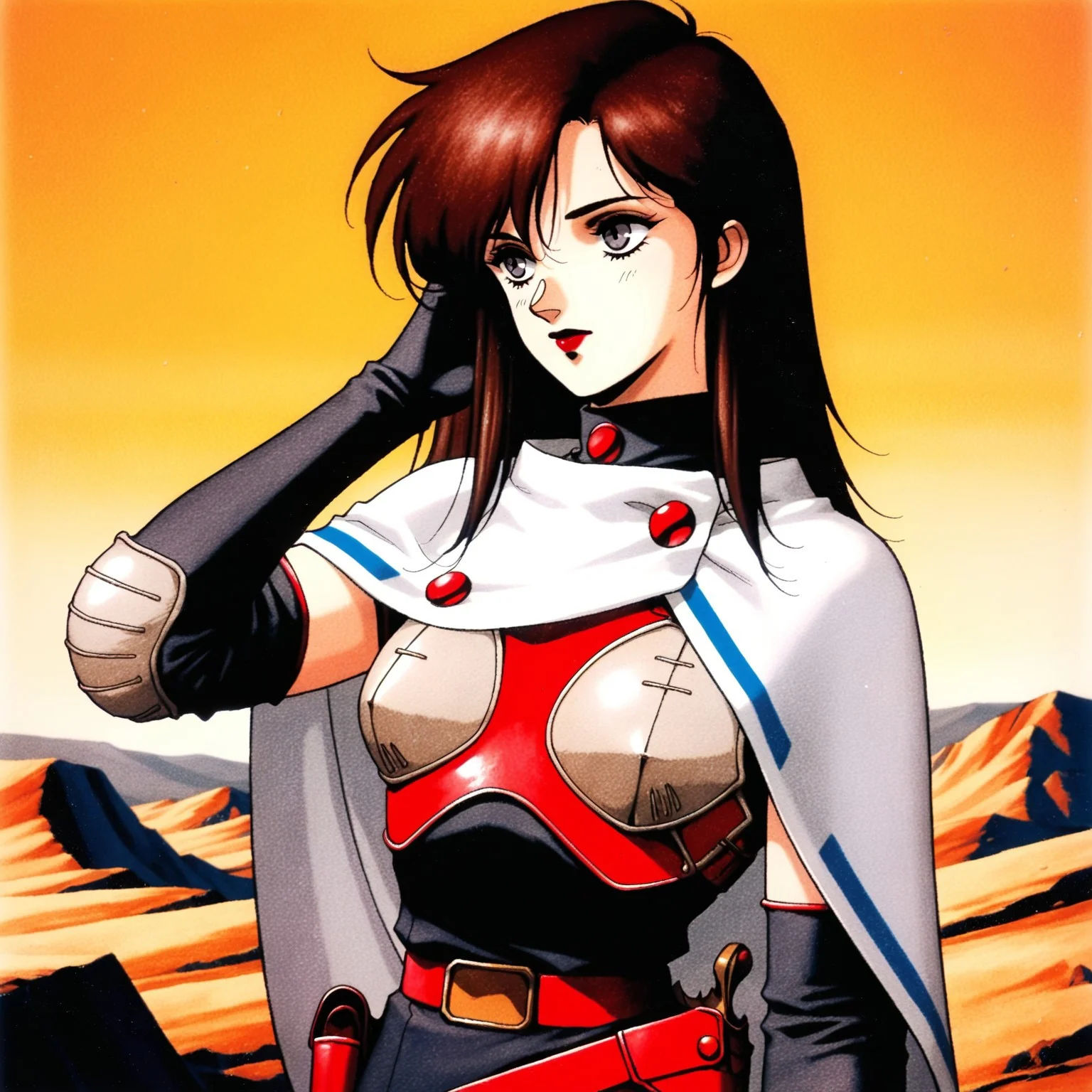 masterpiece, best quality, amazing quality, retro artstyle, 1990s \(style\), traditional media, SMTHEROI, 1girl, medium hair, long hair, straight hair, brown hair, grey eyes, red lipstick, red neck armor, (white short cape, blue tape trim, buttons), (red breastplate, ((grey breast pads))), black camisole dress, short black sleeves, elbow gloves, grey elbow pads, red belt, holster, upper body, hand in hair, wasteland backdrop, yellow sky, pensive