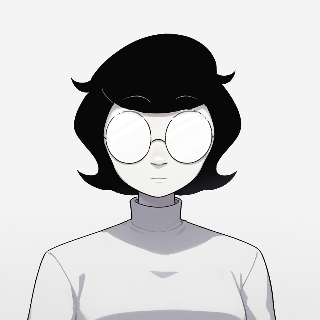 score_9_up, score_8_up, BREAK, SusanHeffley, 1girl, solo, short hair, black hair, white skin, round eyewear, opaque glasses, white turtleneck, upper body,  <lora:SusanHeffley_PXL_Leaf1:1>, white background,