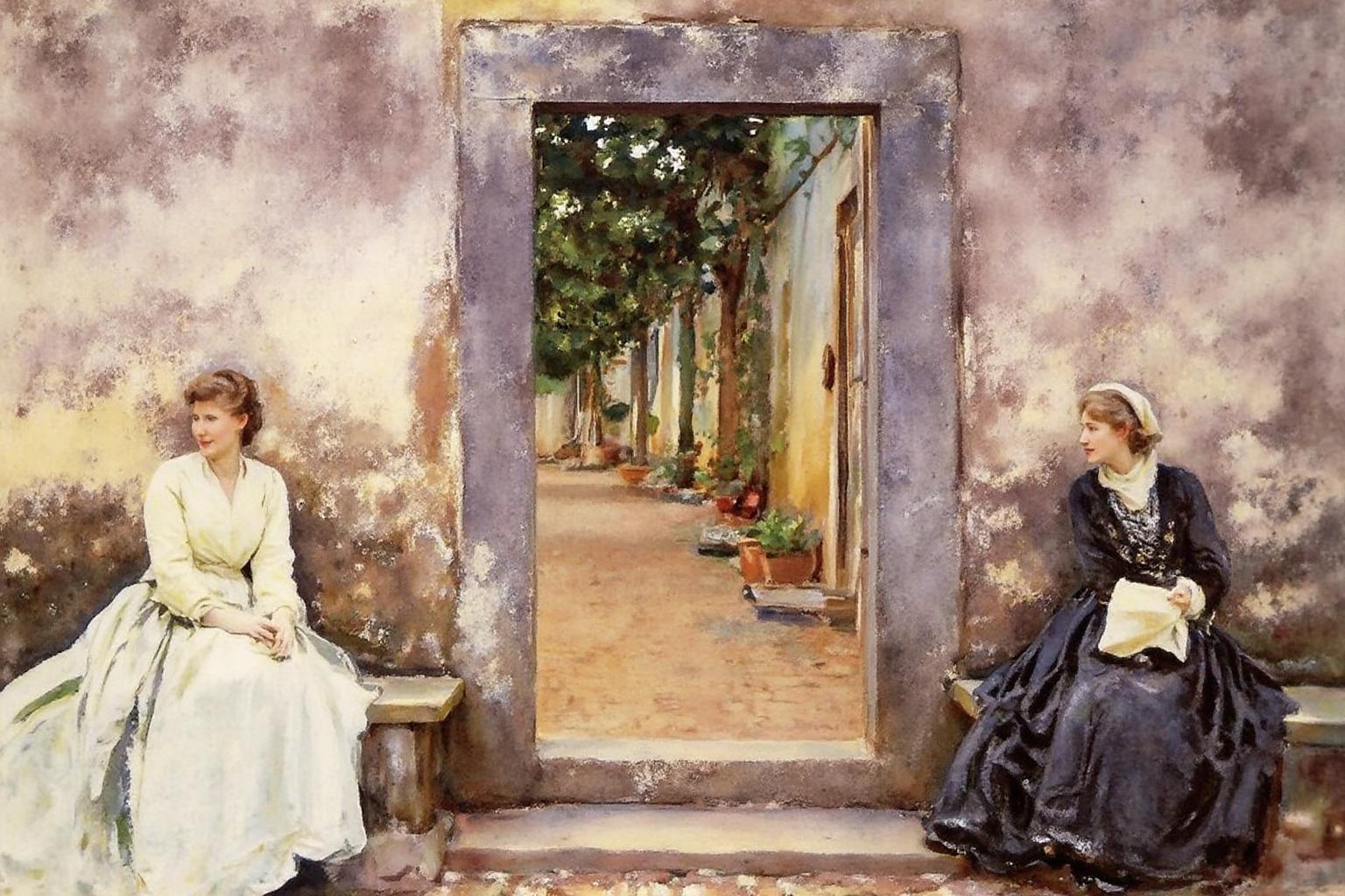 johnsingersargent3 painting
Long shot of two women in historical attire sit on stone steps in front of an open doorway. The woman on the left wears a light-colored dress, and the one on the right wears a dark gown. A garden with greenery is visible through the doorway. <lora:johnsingersargent3_cap_d8a4e12:1.0><lora:859961276661520693:0>