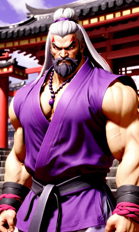 man in purple gi, sleeveless,Akuma , white hair, beard, ,dark powers, best quality, looking at viewer, <lora:sf6sdxl:1>, sf6sdxl, game cg, street fighter, vibrant colors,prayer bead necklace, Japanese temple, long hair, messy hair,