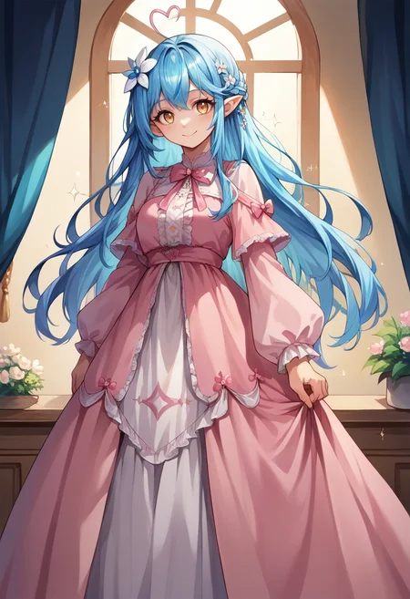 score_9, score_8_up, score_7_up, source_anime, 1girl, solo, YukihanaLamy, blue hair, long hair, heart ahoge, hair flower, long dress, pink dress, frills, bow, :d, sparkles, sparkling, smile, indoors, standing, <lora:ChamYukihanaLamyPony:1>