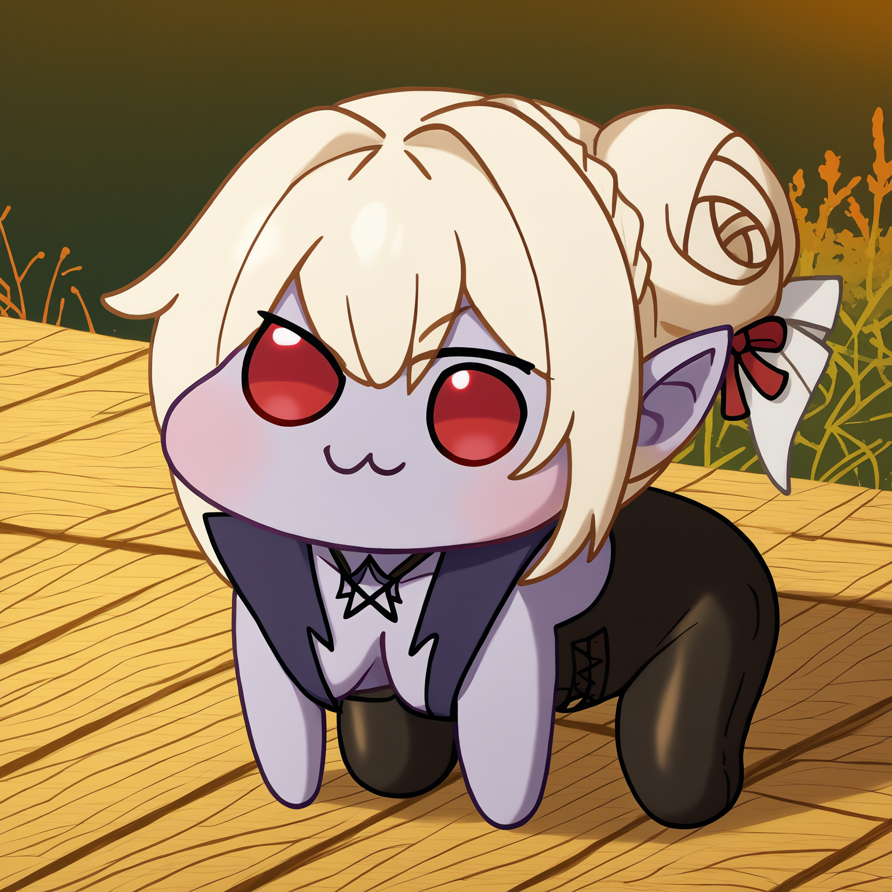 score_9, score_8_up, score_7_up, detailed background, BREAK MintharaBG3, colored skin, pointy ears, red eyes, hair bun, white hair, neck tattoo, <lora:MintharaBG3PDXL_V1-Manityro-adamw:1.0>, outdoors, day, MinUnd, plunging neckline, black pants, leather, <lora:Doro_X_PDXL_V1:1.1>, doro, creature, :3, chibi, no humans, four legs, solid circle eyes, no pupils, all fours