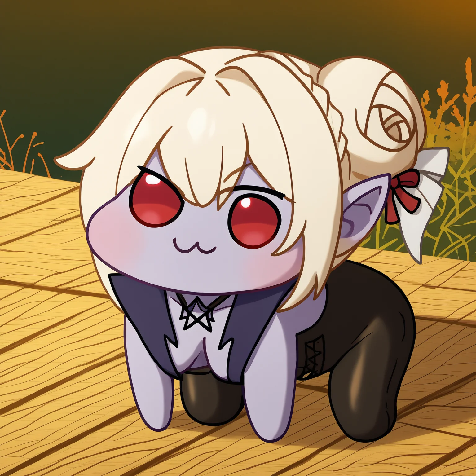 score_9, score_8_up, score_7_up, detailed background, BREAK MintharaBG3, colored skin, pointy ears, red eyes, hair bun, white hair, neck tattoo, <lora:MintharaBG3PDXL_V1-Manityro-adamw:1.0>, outdoors, day, MinUnd, plunging neckline, black pants, leather, <lora:Doro_X_PDXL_V1:1.1>, doro, creature, :3, chibi, no humans, four legs, solid circle eyes, no pupils, all fours