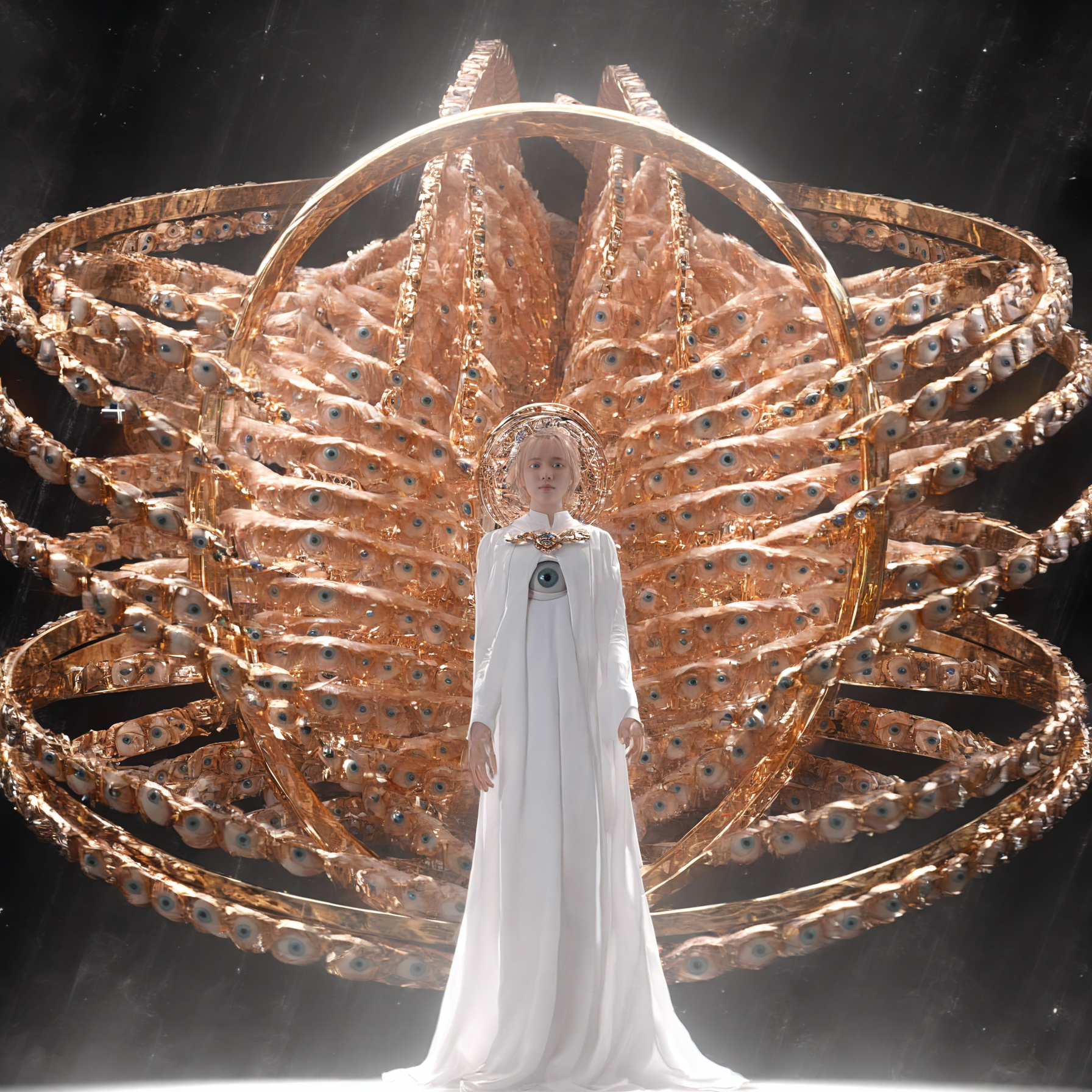leogirl, seraphins, mystical creature with hundreds of eyes and wings, with the shape of a giant ring, circular hoops around body, massive size, angelical lights <lora:Seraphins1.0-000038:0.8>