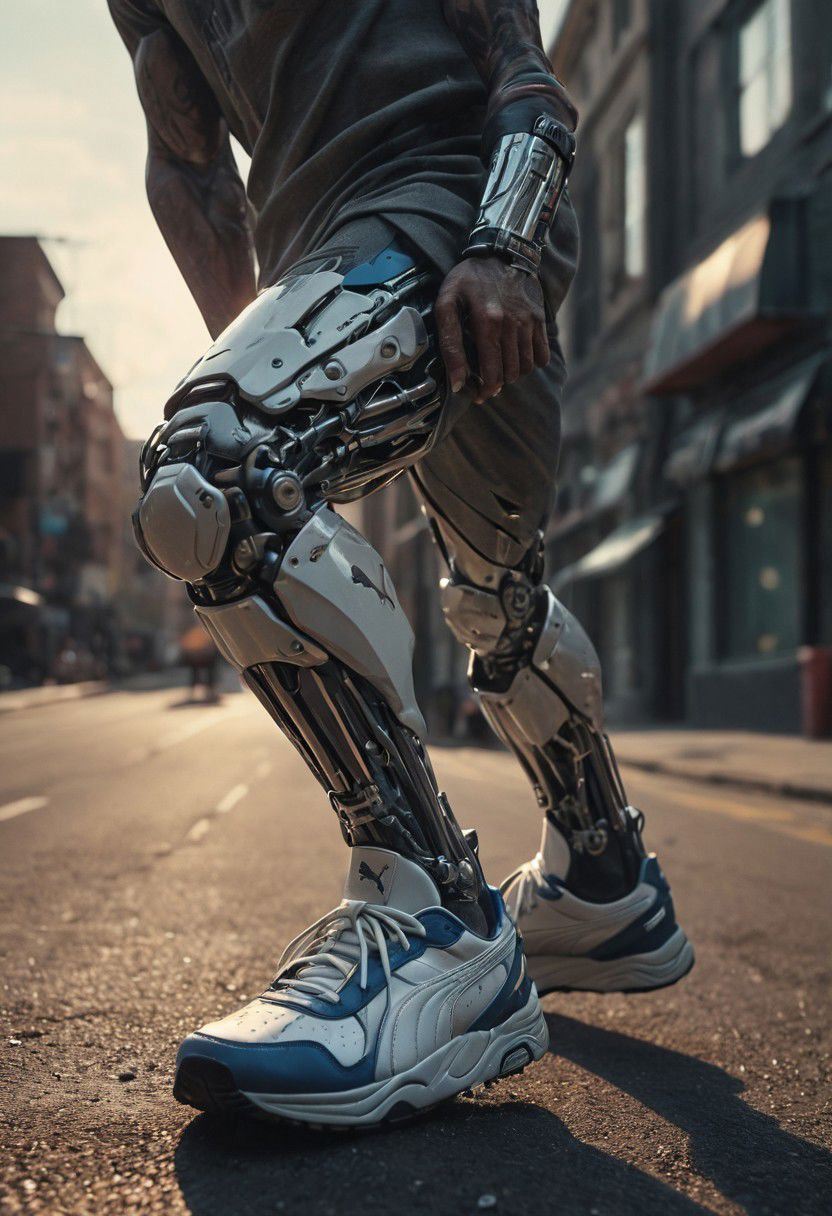 Super Closeup, a detailed running Cyborg Leg in samba retro Sneaker, in Motion, Explore the stark contrast between the ominous, sunset landscape, dystopian backdrop and the vibrant shoes in descent. Running to Edge of Cliff, Dive into the emotions, obstacles, and enigmatic ambiance conveyed by this distinctive scenario. very detailed, raw photo, photorealistic, high detailed texture, 8k uhd, dslr, soft lighting, high quality, film grain, Fujifilm XT3, highly detailed photography, atmospheric haze, Film grain, cinematic film still, shallow depth of field, highly detailed, high budget, cinemascope, moody, epic, OverallDetail, 2000s vintage RAW photo, photorealistic, candid camera, color graded cinematic, eye catchlights, atmospheric lighting, imperfections, natural, shallow dof