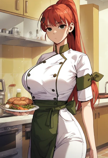 score_9, score_8_up, score_7_up, score_6_up, source_anime, rating_explicit, 1girl, (solo:1.1), huge breasts,<lora:Sua prefectPonyxl:0.9> long hair, red hair, high ponytail, bear hair ornament, green eyes, black eyes, chef, turtleneck, double-breasted, white shirt, short sleeves, buttons, waist green apron, green ribbon, white pants, expressionless, restaurant, kitchen, indoors, looking at viewer
